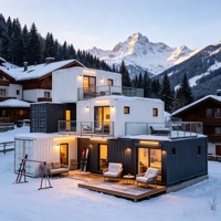 Hôtel modulaire en conteneurs préfabriqués superposés à plusieurs niveaux, station de ski en conteneurs avec balcon en verre pour hôtel d'hiver alpin
