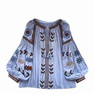 Blouses décontractées à manches longues et col rond pour femme, chemises brodées à manches lanternes, hauts décontractés pour femme, vente en gros - Product Image 5