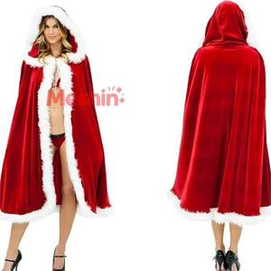 Manteau long rouge foncé pour femme, en stock, pour Noël, cape de Mère Noël, robe à capuche en velours pour Noël - Product Image 1