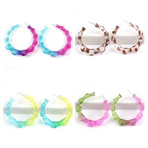 Qiuhan 75 มม.ไม้ไผ่ Hoop อะคริลิคเรซิ่นที่มีสีสันต่างหูผู้หญิงของขวัญเครื่องประดับสไตล์ฤดูร้อนแฟชั่นน่ารักชุบเงิน 2 คู่ - Product Image 6