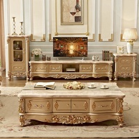 Meuble TV de style européen en bois massif, couleur champagne doré, luxueux, meuble bas, ensemble de rangement avec table basse néoclassique américaine