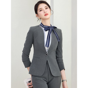 Women's Gray Suit <b>Set</b> Long Sleeve Formal <b>Blazer</b> And Trousers For Commute Anti-Wrinkle Worsted Fabric - Product Image 1