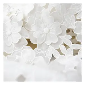 Tela de lino 3D para vestido de fiesta, bordado de flores de encaje de algodón guipur químico blanco