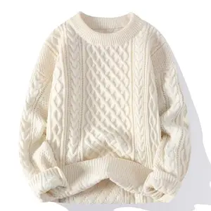 Sweater hangat kustom ukuran Plus pria, pakaian Sweater Pullover wol kerah bulat, Sweater rajut kabel pria