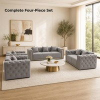 Ensemble de canapés en velours de luxe 3+2+1+1, canapé Chesterfield en velours premium avec capitonnage à clips dorés, accoudoirs à cadre doré, meubles de salon