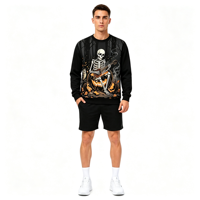 Sweat-shirt col rond gothique pour homme, personnalisé OEM ODM, avec impression intégrale de guitare squelette par sublimation, idéal pour Halloween