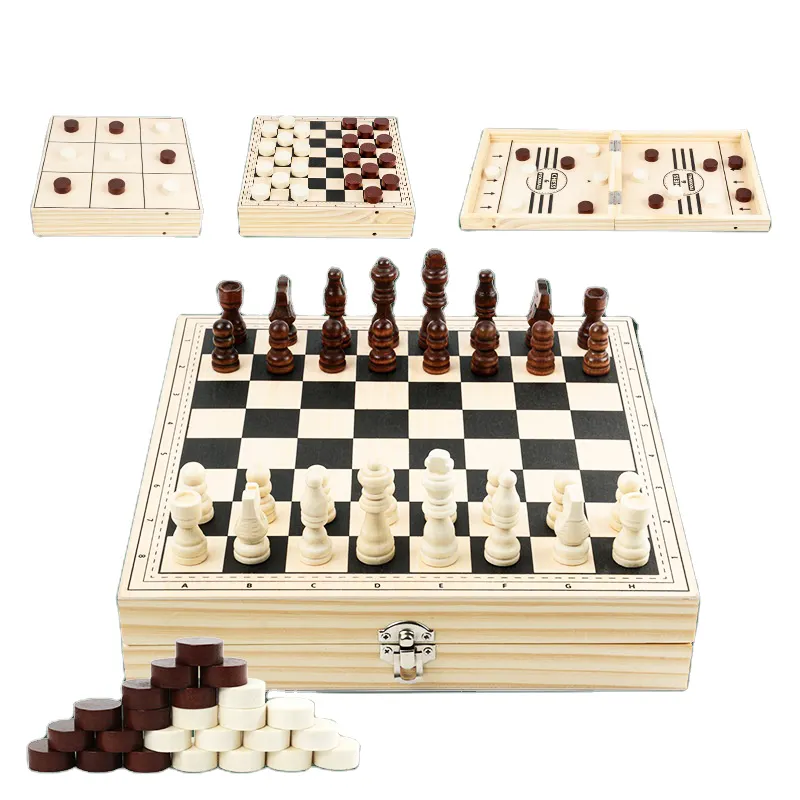 Pièces d'échecs de haute qualité 4 en 1, jeu de dames en pin, tic tac, palet à orteils 56x28x3cm, jeu d'échecs en bois fait à la main pour tournoi