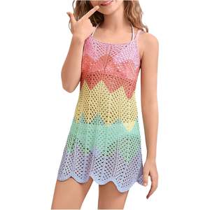 Vestido de playa corto de punto personalizado para niña pequeña, estilo camisero con cuello halter, de malla, holgado y con cordones. - Product Image 2