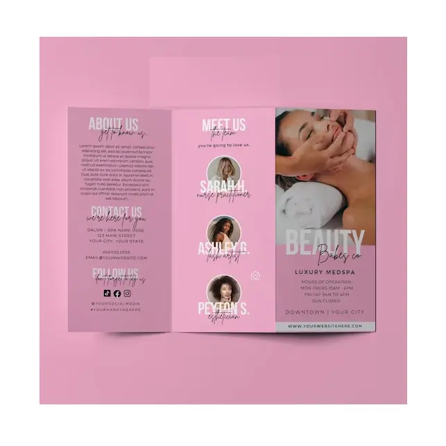 Drievoudige Brochure Sjabloon Bewerkbare Schoonheid Roze Stijl Salon Folder Diy Spa Prijslijst Afdrukbaar Pamflet Massage Ontwerp