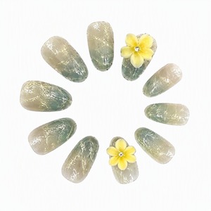 Faux ongles à presser vert menthe français, motif floral scintillant, couvrance totale, longueur moyenne, avec colle pour doigts - Product Image 3