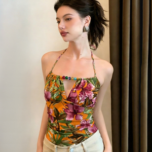 Women's Color-Blocked Floral Print Camisole <b>Top</b> <b>Beaded</b> V-Neck <b>Top</b> with Adjustable Shoulder Straps Summer Daily Wear 2026 New - Product Image 1