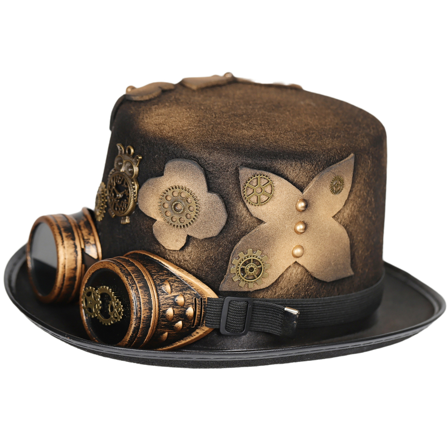 Sombrero De Copa Steampunk Punk Con Gafas Incorporadas – Fieltro Metalizado Para Halloween, Cosplay Y Fiestas – Talla Única Adulto Y Adolescentes