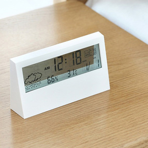 LCD Electric Desk Alarm <b>Clock</b> White with Calendar and Digital Temperature Humidity Modern Home Office Watch <b>Battery</b> Operated - Product Image 1