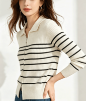 Cardigan en tricot rayé pour femmes en tissu doux, col polo côtelé, manches longues, coupe slim