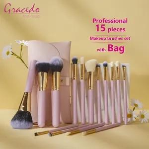 Gracedo RTS उत्पाद गुलाबी 15pcs मेकअप ब्रश सेट के साथ प्रीमियम शाकाहारी यात्रा लक्जरी व्यक्तिगत पेशेवर मेकअप ब्रश सेट बैग