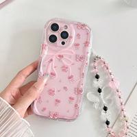 Coque de téléphone portable populaire à motif nœud rose avec chaîne pour iPhone 16 15 17 18 Pro Max, motif crème, coque arrière