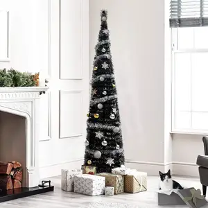 Árbol de Navidad artificial plegable y emergente de oropel negro delgado de 5'