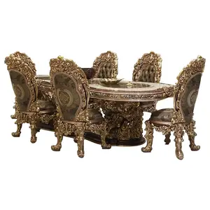 Fransız el oyma antika ahşap avrupa kraliyet barok yuvarlak yemek masası ve sandalye masif ahşap masa setleri