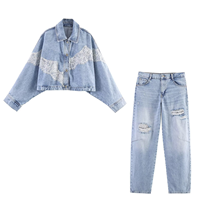 Veste en jean pour femme avec empiècements en dentelle, délavage blanchi, coupe courte, manches longues, style décontracté, vente en gros OEM