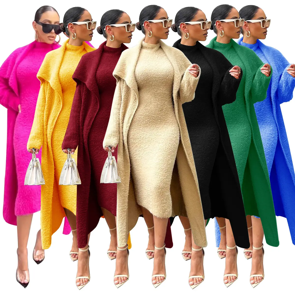 2023 Autumn Plus Size Soft Fabric Velvet Coat Warm Dresses Maxi 2 Pieces Set Long Winter Cashmere Cardigan For Women