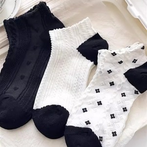 Women's Ankle Socks Black White Floral Bear Pattern Breathable Sweat Absorbing <b>Spring</b> Summer Korean Style Lace Short Socks - Product Image 4