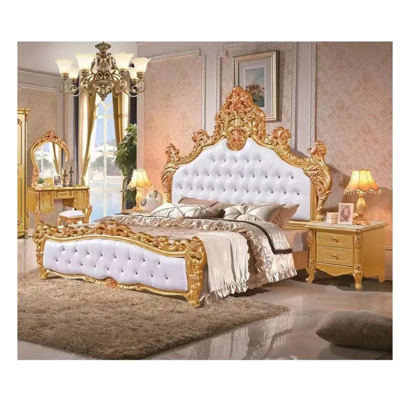 Lit de cour à la française style européen chambre à coucher principale villa lit de luxe sur mesure lit de princesse prince empereur dragon sculpté en feuille d'or
