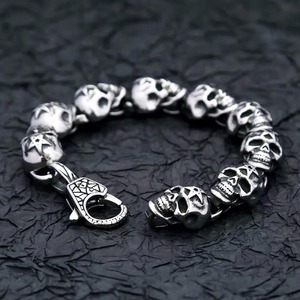 Pulsera con forma de calavera yunnique, brazalete de cadena de acero inoxidable para hombre, grabado de estrella de cinco puntas, cierre de langosta, regalo de joyería, 19,5 CM, 22,5 CM - Product Image 2