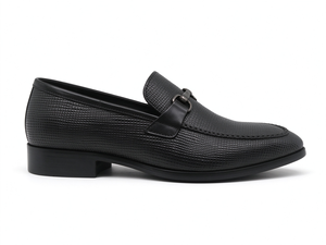 Mocassins pour hommes en cuir véritable texturé, noirs, à enfiler, avec boucle métallique, talon bas carré, pour affaires, bureau, mariage - Product Image 5