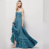 Nouvelle Robe Longue Bohème Plissée Sans Bretelles en Lin avec Dos Nu à Nouer et Bretelles Fines, Motif Uni