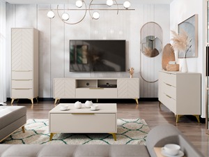 Ensemble de meubles de salon en bois beige moderne certifié FSC sur mesure OEM pour la maison avec pieds en métal doré - Product Image 1
