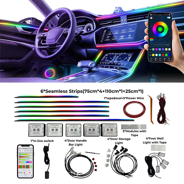 Smart App Control Car Interior Ambient Light 200+ Chaser Modes RGB Symphony Music Sync Atmosphere Lamp for Auto Decoration