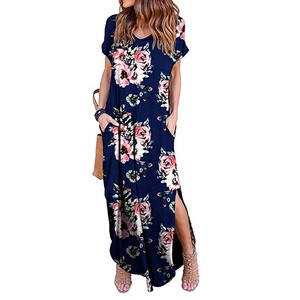 Wholesale Hot Sale Summer Floral Maxi <strong>Dress</strong> Short Sleeve Deep V-neck Casual <strong>Long</strong> <strong>Sunflower</strong> Boho Beach <strong>Dress</strong> With Pocket for Lady - Product Image 4