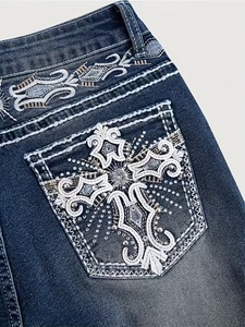 Fashion Women Flare Denim Pants Embroidery Back Pockets Rhinestone Decor All Season Ladies Long <b>Jeans</b> - Product Image 5