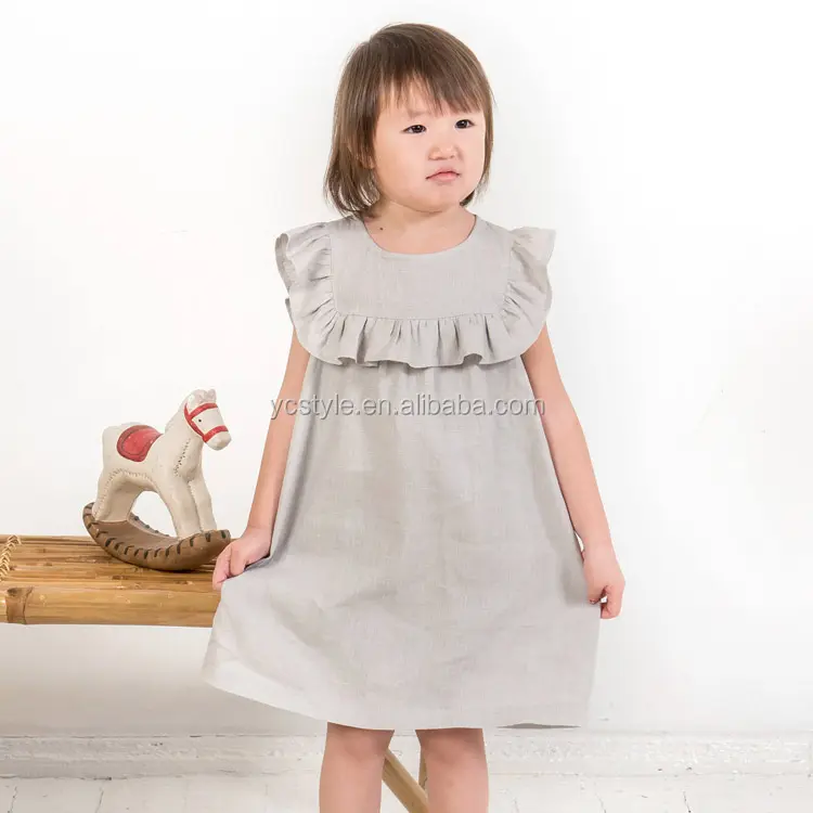 Summer New Design Girl Dress with Ruffle Sleeves Beautiful Children Clothes Linen Baby Girls frill Dress