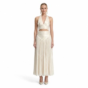 Ensemble 2 pièces personnalisé <span class=keywords><strong>champagne</strong></span> pour femme : Crop top licou col en V et jupe longue plissée accordéon taille haute – Élégant pour mariage (vente en gros) - Product Image 1