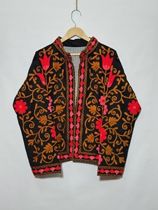 Women’s Black Floral Embroidered <b>Jacket</b> | Handmade Indian Ethnic Boho <b>Jacket</b> | Red & Pink Floral Thread Work Stand Collar <b>Short</b> - Product Image 3