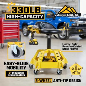 Cadeira de Oficina Reforçada com 5 Rodas Antitombamento - Capacidade de 150 kg, Altura Ajustável, Giro 360° °   Banqueta Giratória para Mecânico de Garagem com Bandeja para Ferramentas e Encosto - Product Image 2