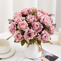 Bouquet de 5 roses artificielles brunes réalistes de style vintage européen, faites à la main, pour la décoration de mariage et de la maison