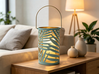 Lanterne en métal bleu sarcelle à découpes en forme de feuille, lanterne décorative portable en fer avec bordure dorée, option d'éclairage LED personnalisable