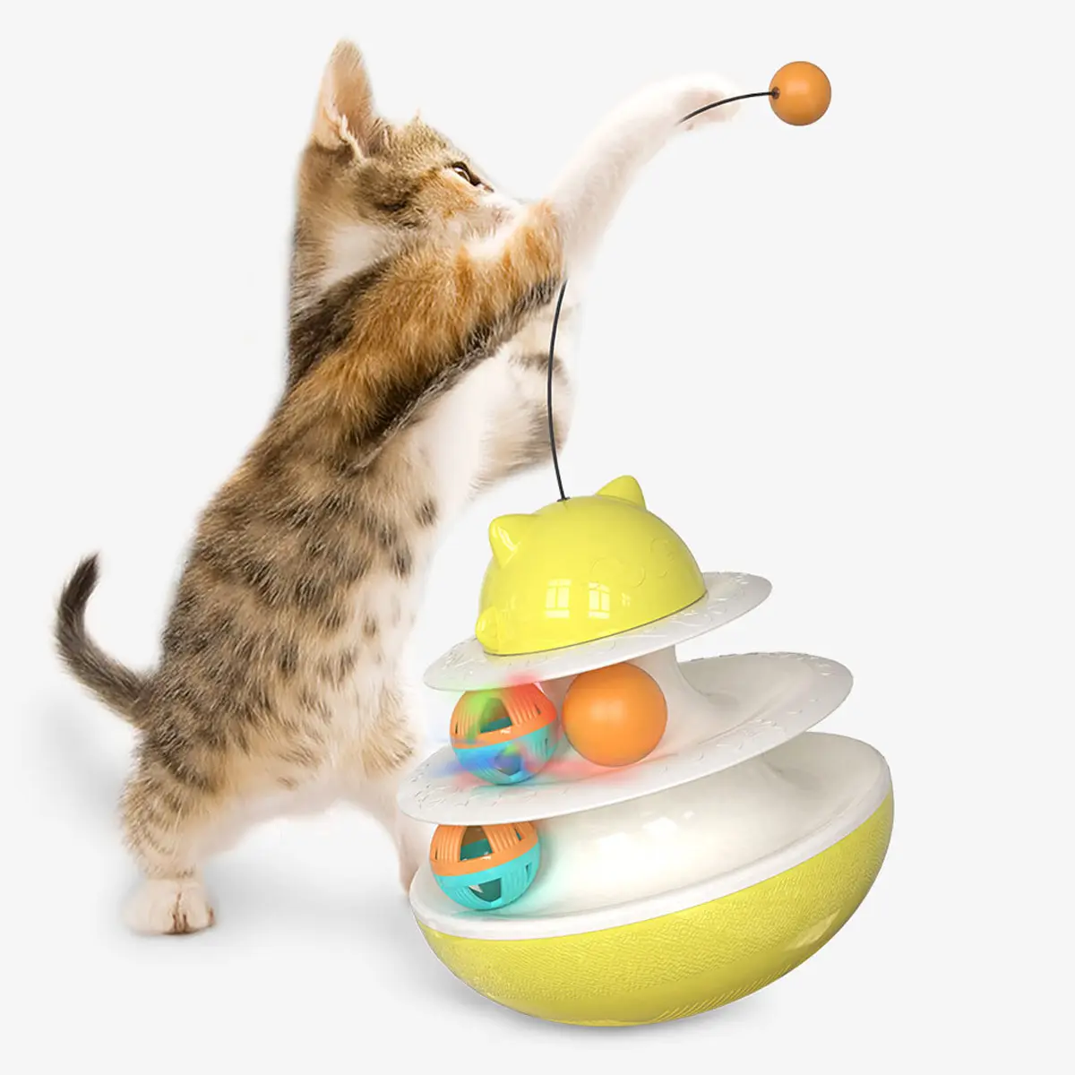 Brinquedo de gatinho interativo, brinquedo imperdível de desenho de gato, animal de estimação, brinquedo ecológico com 3 níveis de pista, bola de catnip, giratório, brinquedos para gatos