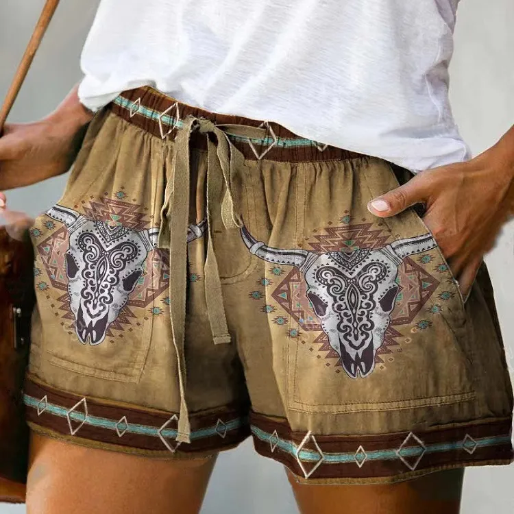 2023 летние винтажные ацтекские шорты с поясом и эластичной талией Бохо свободные широкие шорты с карманами