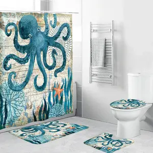定制章鱼触手浴帘套装海洋动物蓝色海洋生物浴室布艺窗帘浴垫地毯马桶盖