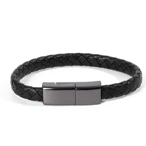 Groothandel Snelle Oplader Voor Mannen Custom Zwart Lederen Usb-Kabel Mobiele Telefoon Data Lijn Armband Oplaadkabel