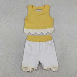 ชุดเด็กผู้หญิง GSD3324 rts Little Active Girl สีเหลืองลายตารางหมากรุก แต่งขอบหยัก ชุดขายส่ง เสื้อแขนกุด กระโปรง ชุดโยคะ - Product Image 2