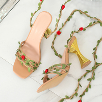 Sandales à talons aiguilles ultra-hauts élégantes pour femmes, tendance mode sexy, à bout ouvert, avec lanière rose et lanière enroulée style vigne, vente en gros