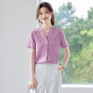 Purple V-neck Chiffon Blouse Women Short Sleeve Lightweight Office Shirt Solid Color Breathable Summer Top - Product Image 1
