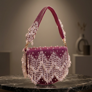 Flap Evening <b>Clutch</b> <b>Bag</b> Best Quality <b>Blue</b> Fringe Pearl Accents Handmade Shoulder <b>Bag</b> Bright India Exports 1L Eco-Friendly Purse - Product Image 2