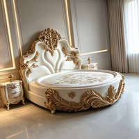 Lit rond en bois massif sculpté de luxe français, style baroque de villa européenne, fait main avec feuilles d'or
