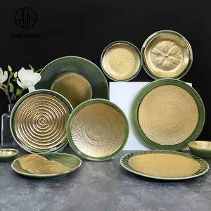 Luxury brass copper porcelain dinnerware restaurant dinner plate sets with different sizes