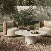 Table basse ronde en marbre beige de luxe, table centrale sur piétement, style nordique minimaliste, mobilier d'extérieur et d'intérieur